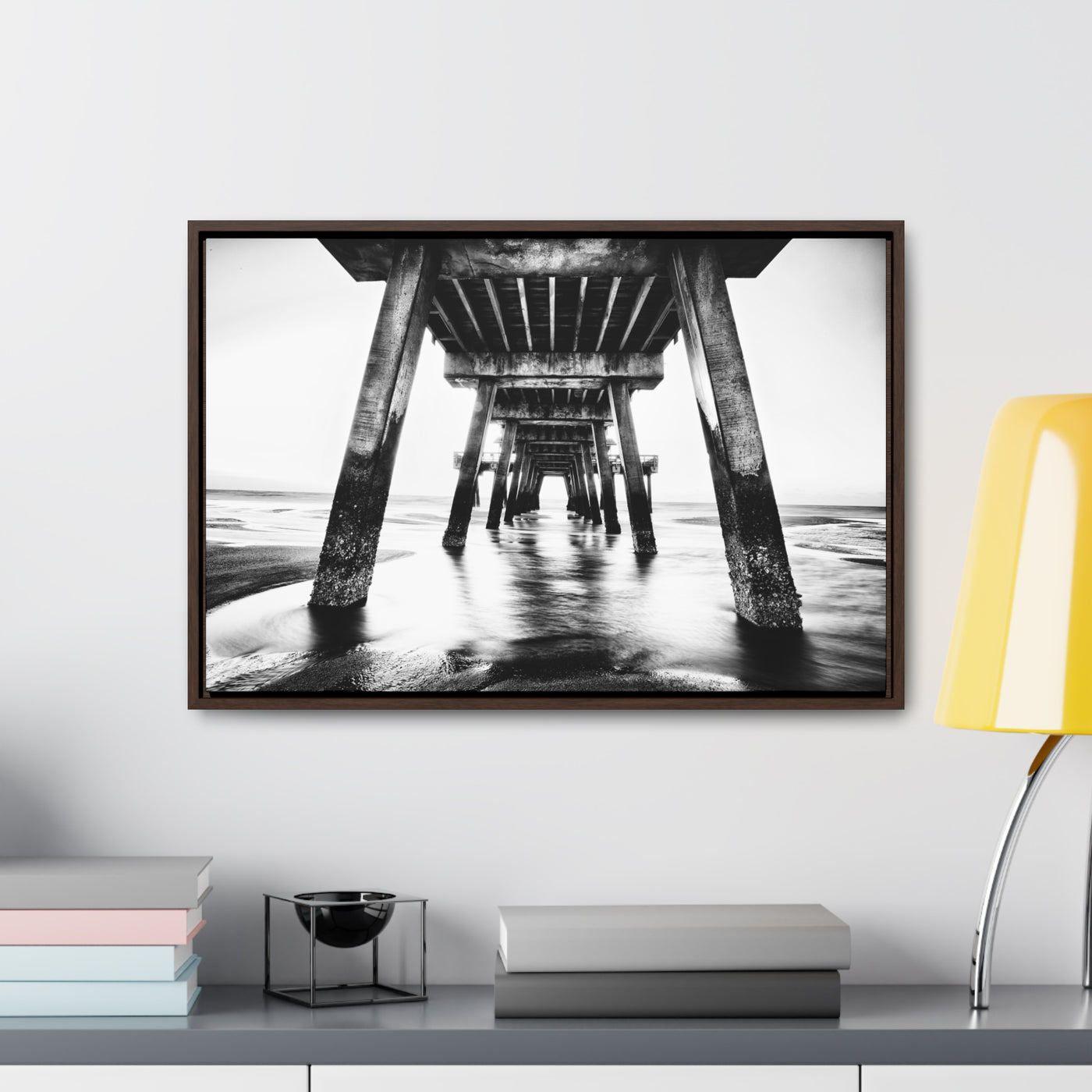 Black and White Beach Pier Framed Canvas Wall Art Print