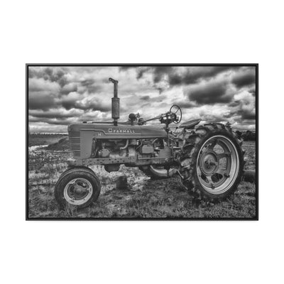 Black and White Tractor Framed Canvas Art Print