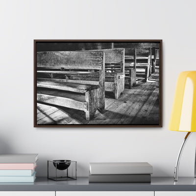 Black and White Church Pews Framed Canvas Art Print