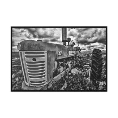 Antique Tractor Black and White Framed Canvas Art Print