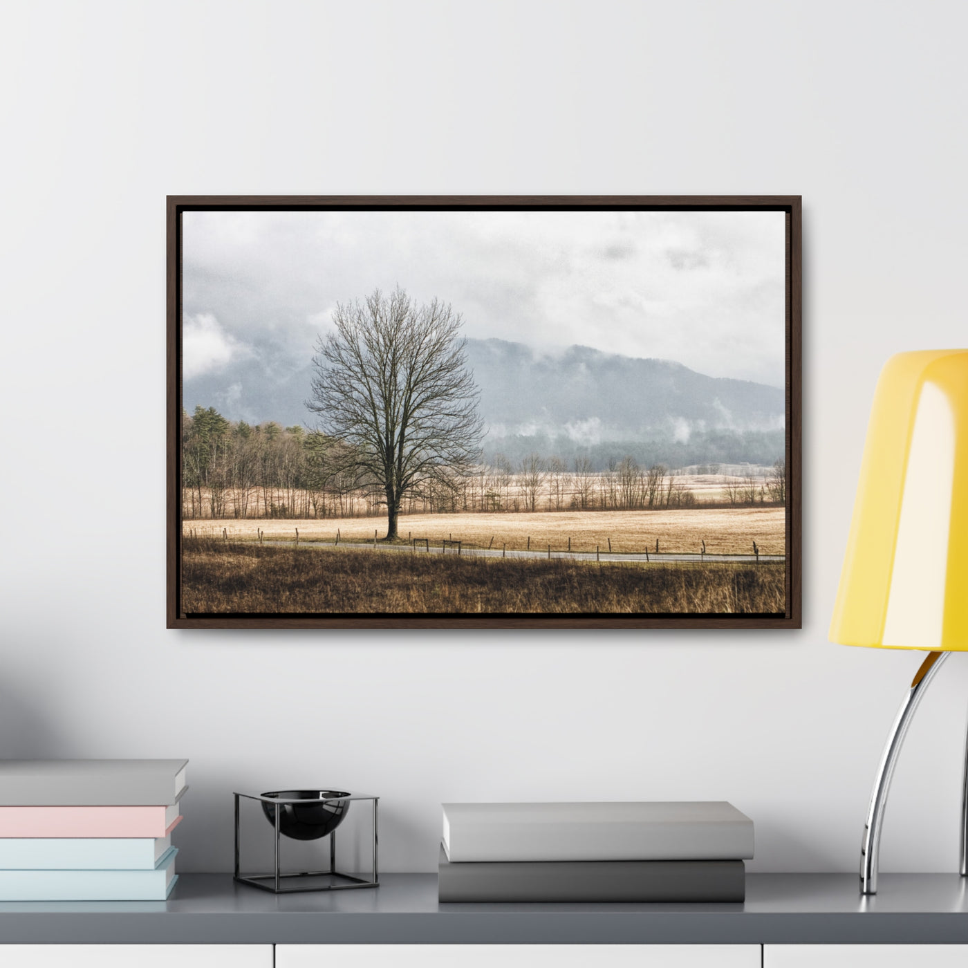 Winter Tree in a Field Framed Canvas Art Print