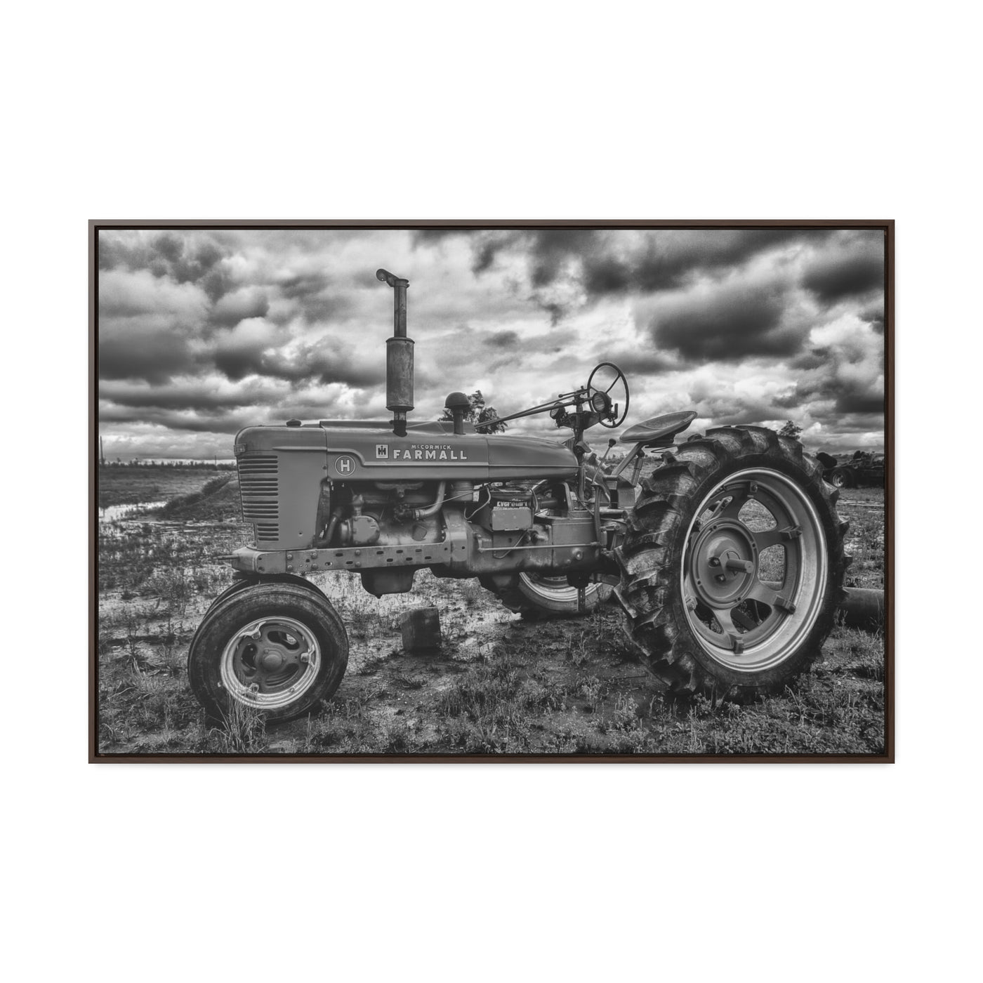 Black and White Tractor Framed Canvas Art Print