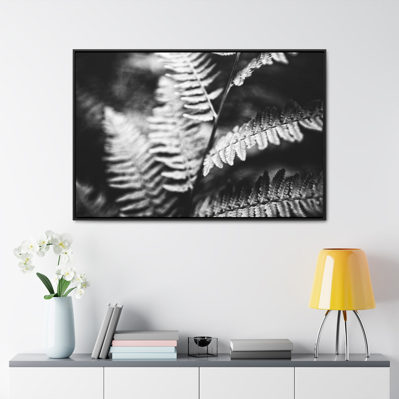 Black and White Ferns Framed Canvas Calming Art Print