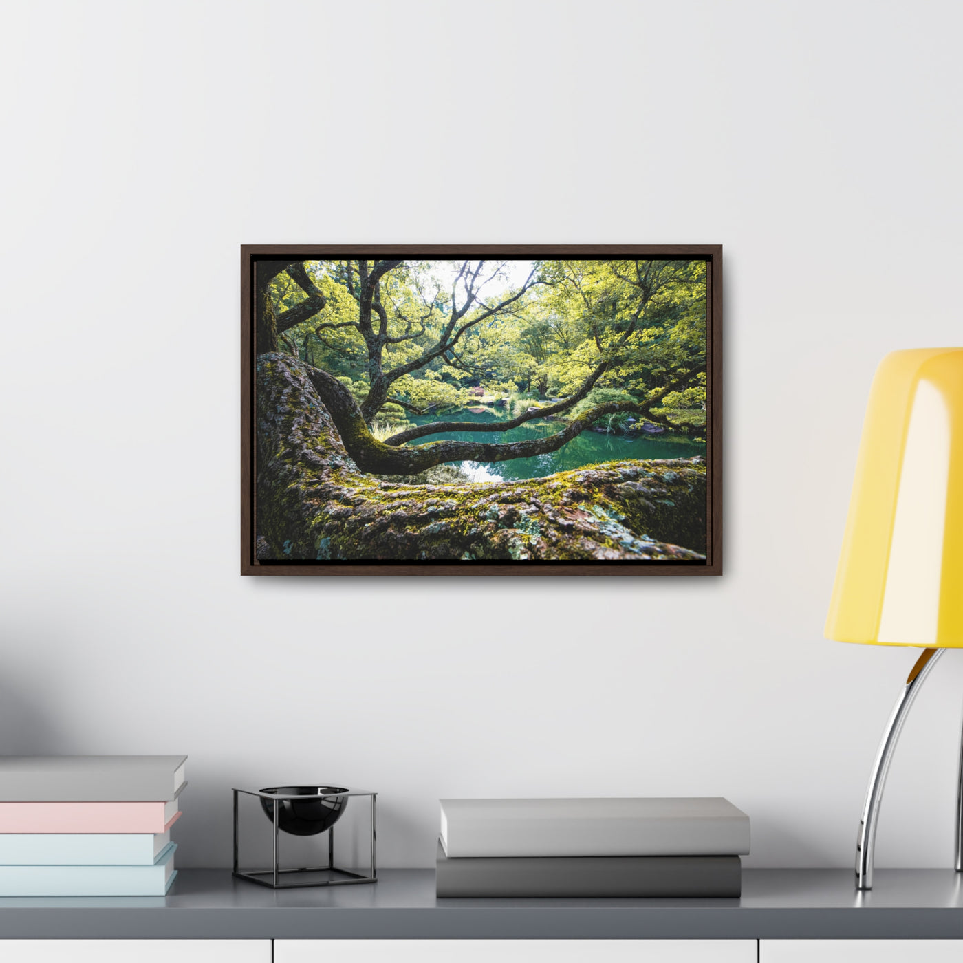 Flowing Tree Branches by a Pond Framed Canvas Art Print