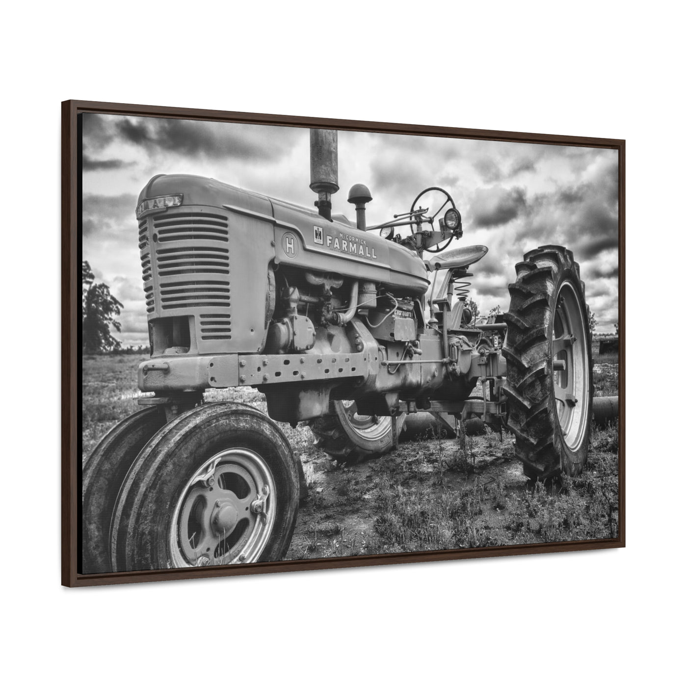 Old Farmall Tractor Black and White Framed Canvas Art Print