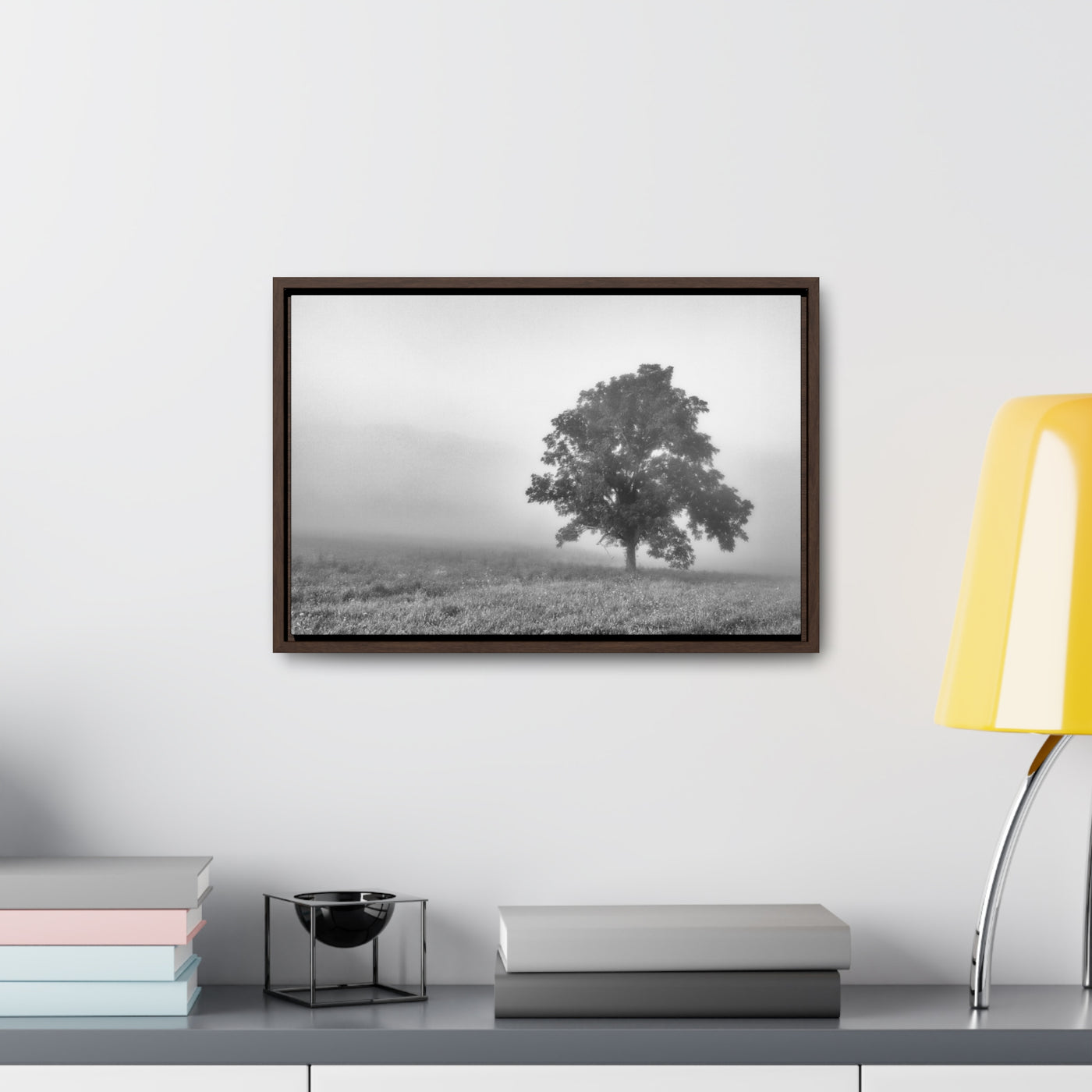 Tree in a Foggy Field Black and White Framed Canvas Print