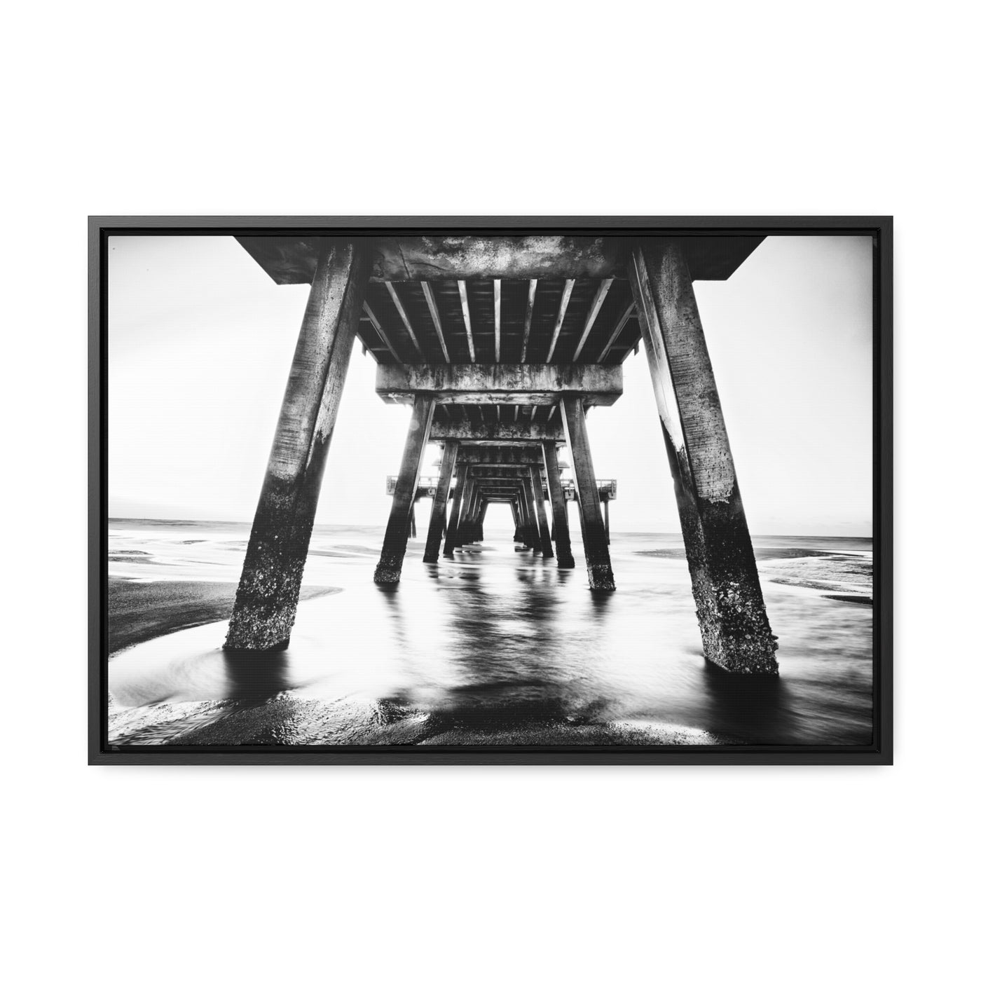 Black and White Beach Pier Framed Canvas Wall Art Print