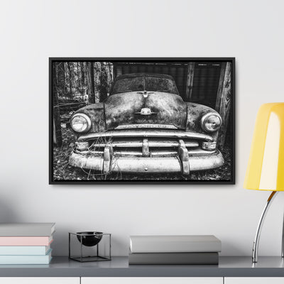 Old Antique Car Black and White Framed Canvas Art Print