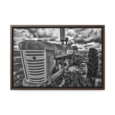 Antique Tractor Black and White Framed Canvas Art Print