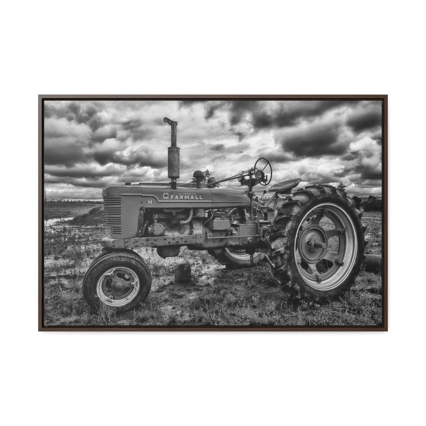 Black and White Tractor Framed Canvas Art Print