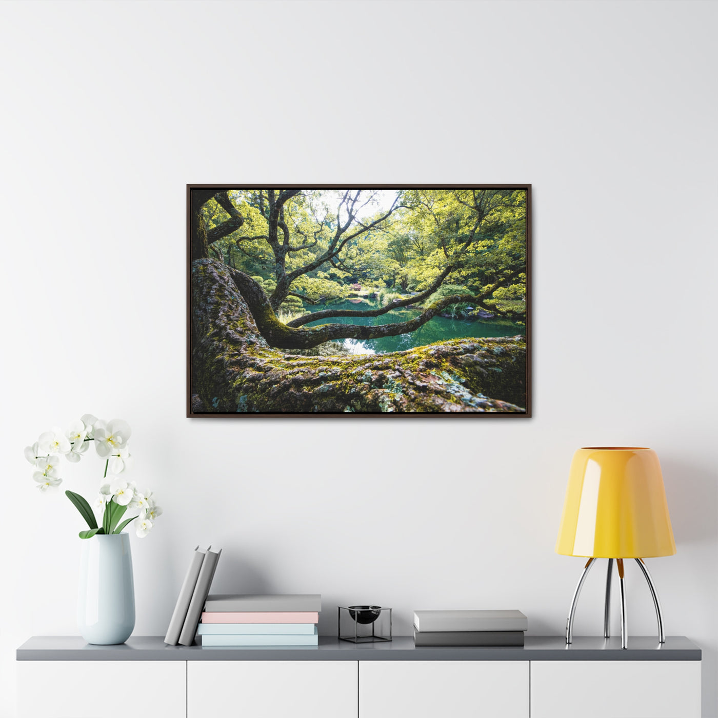 Flowing Tree Branches by a Pond Framed Canvas Art Print