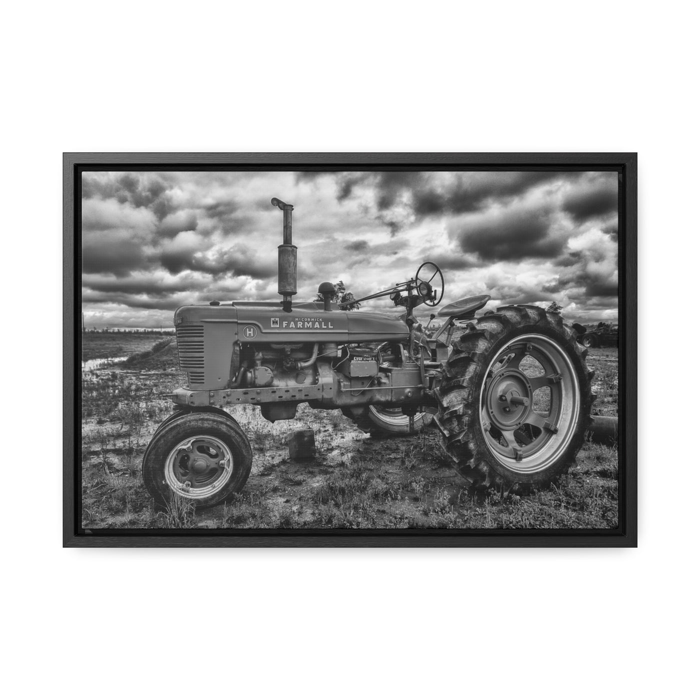 Black and White Tractor Framed Canvas Art Print