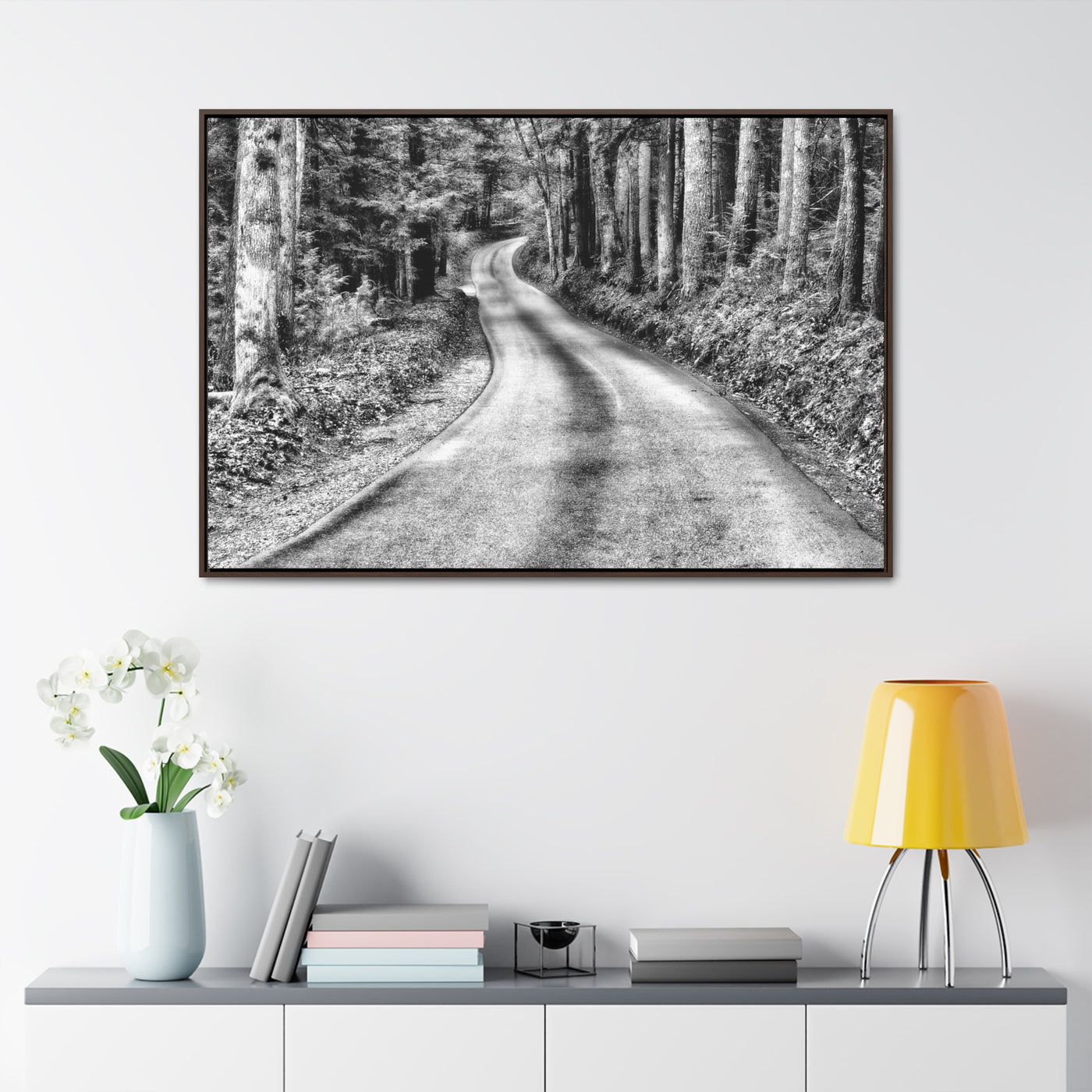 Black and White Mountain Road Framed Canvas Art Print