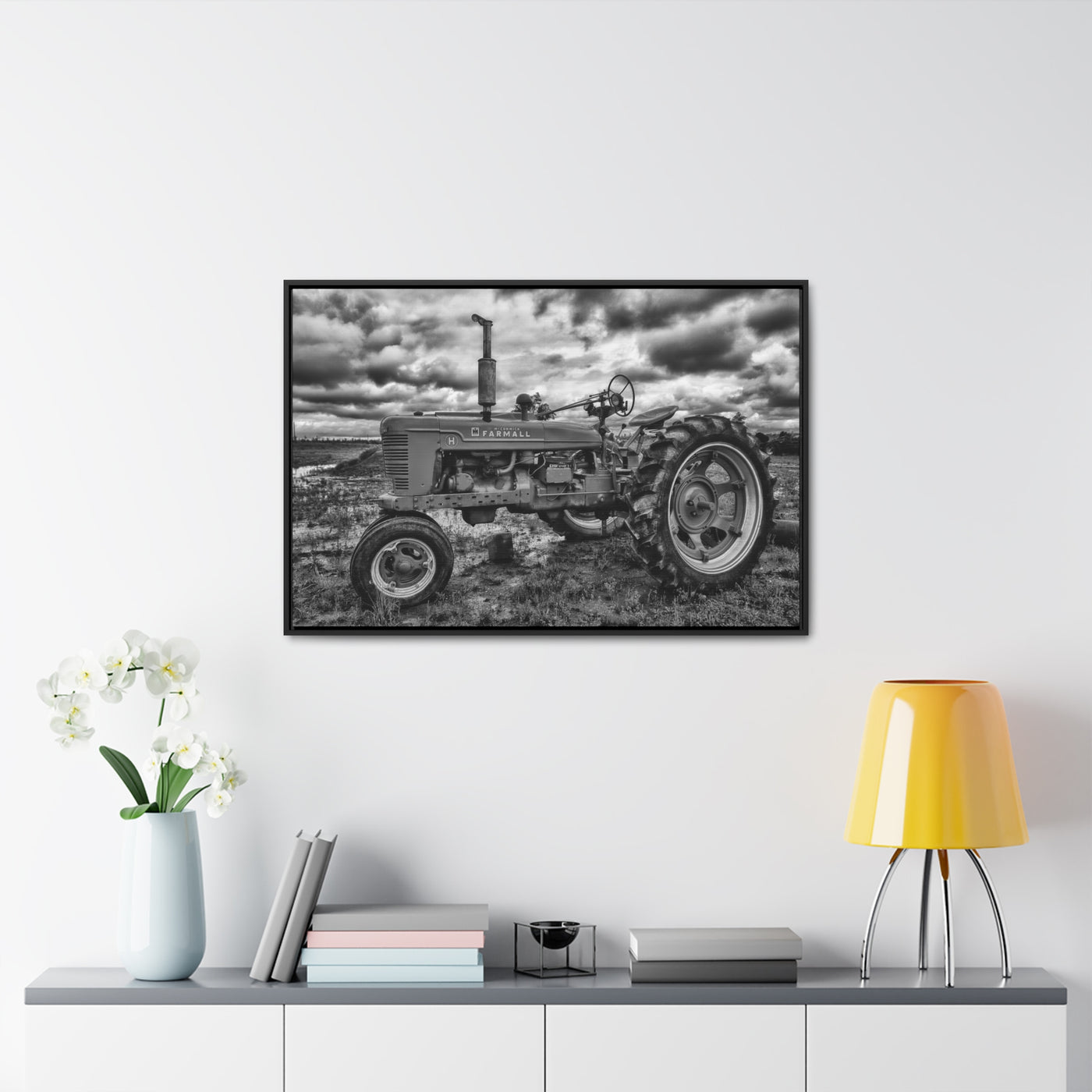 Black and White Tractor Framed Canvas Art Print