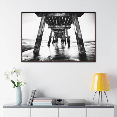 Black and White Beach Pier Framed Canvas Wall Art Print