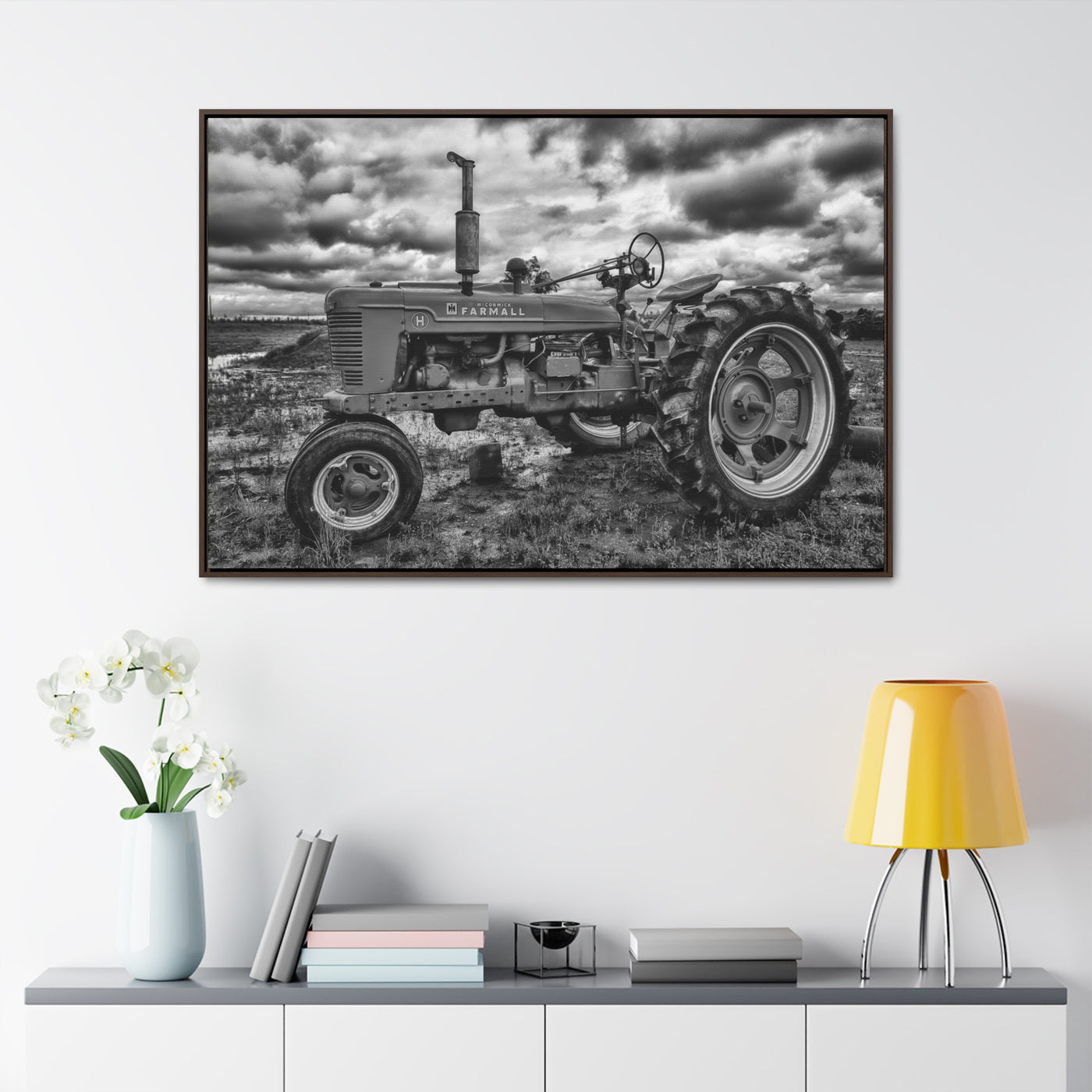 Black and White Tractor Framed Canvas Art Print