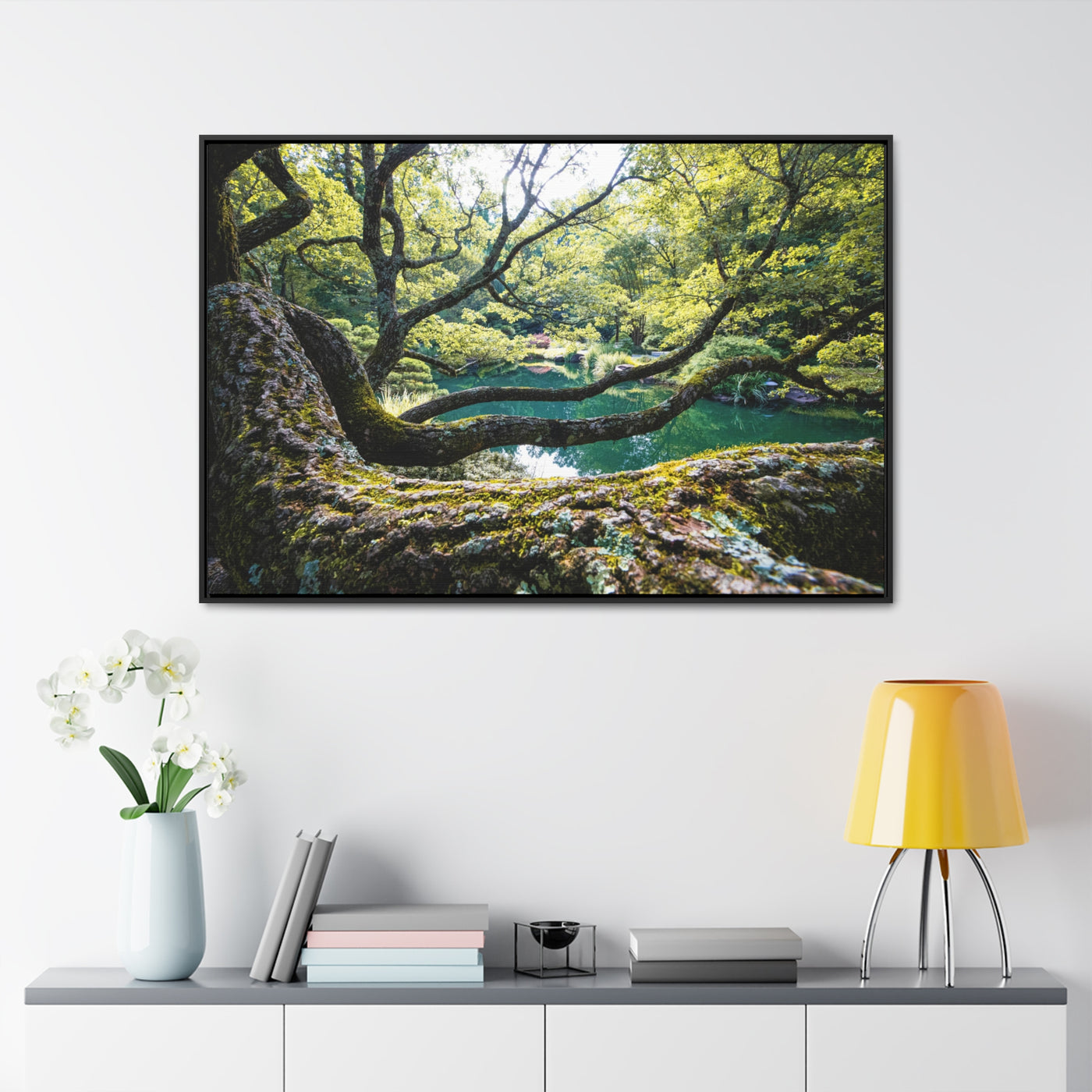 Flowing Tree Branches by a Pond Framed Canvas Art Print