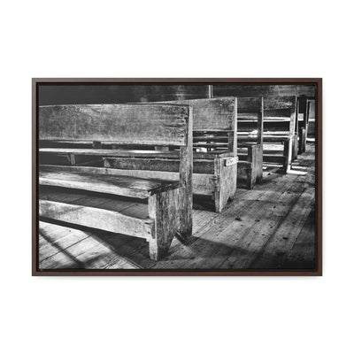 Black and White Church Pews Framed Canvas Art Print