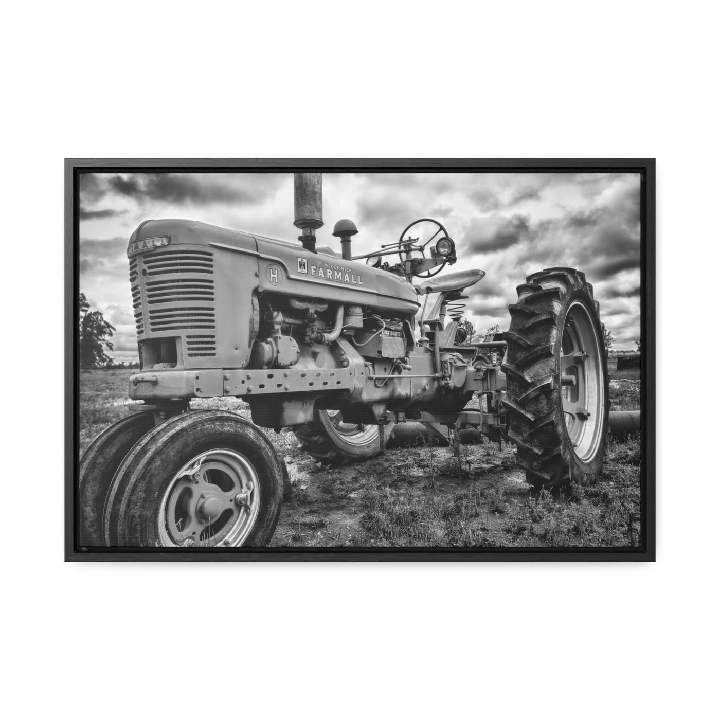 Old Farmall Tractor Black and White Framed Canvas Art Print