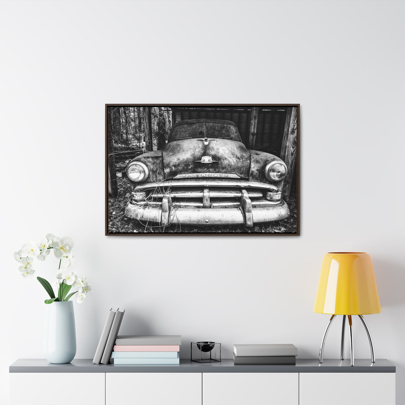 Old Antique Car Black and White Framed Canvas Art Print