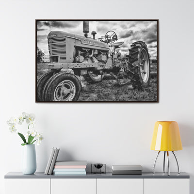 Old Farmall Tractor Black and White Framed Canvas Art Print