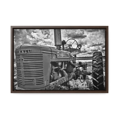 Black and White Tractor Framed Canvas Art Print