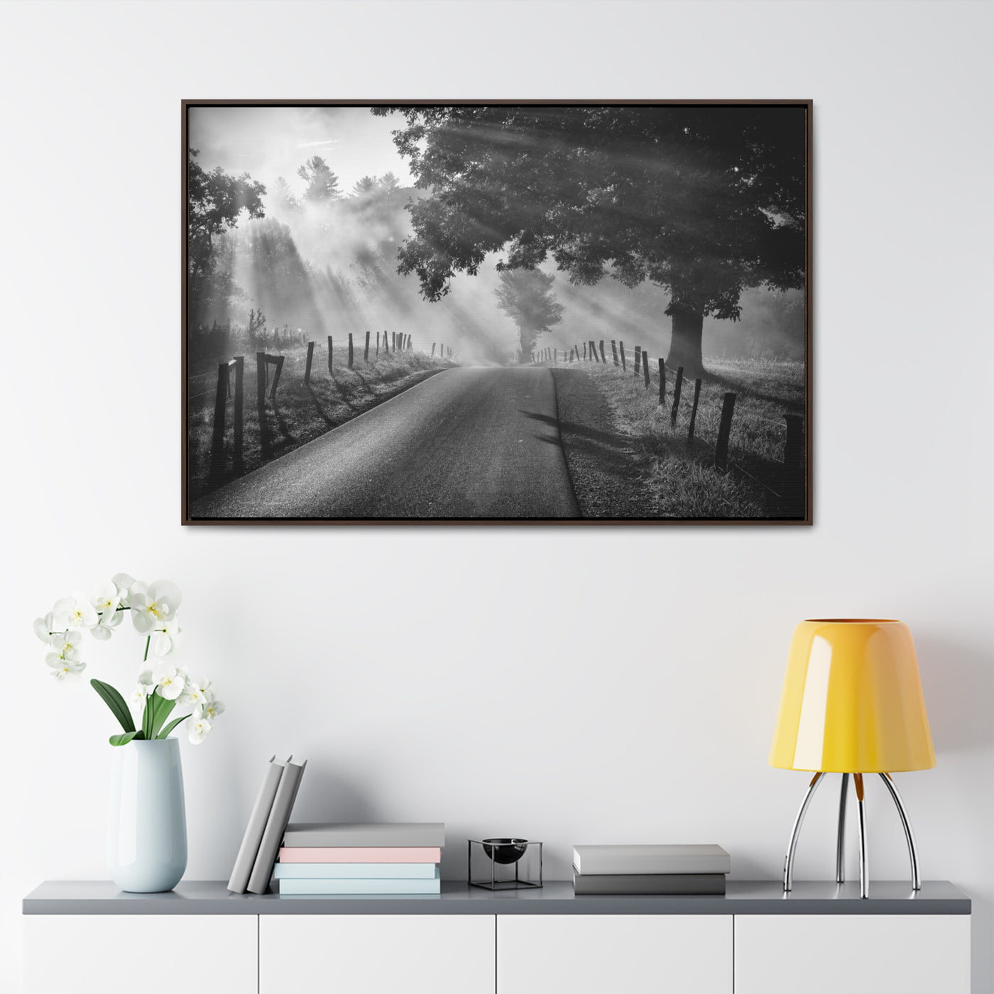 Old Country Road Black and White Framed Canvas Art