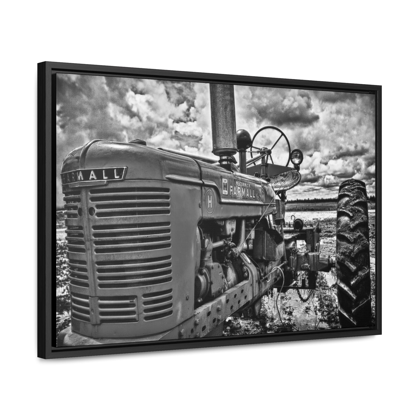 Black and White Tractor Framed Canvas Art Print