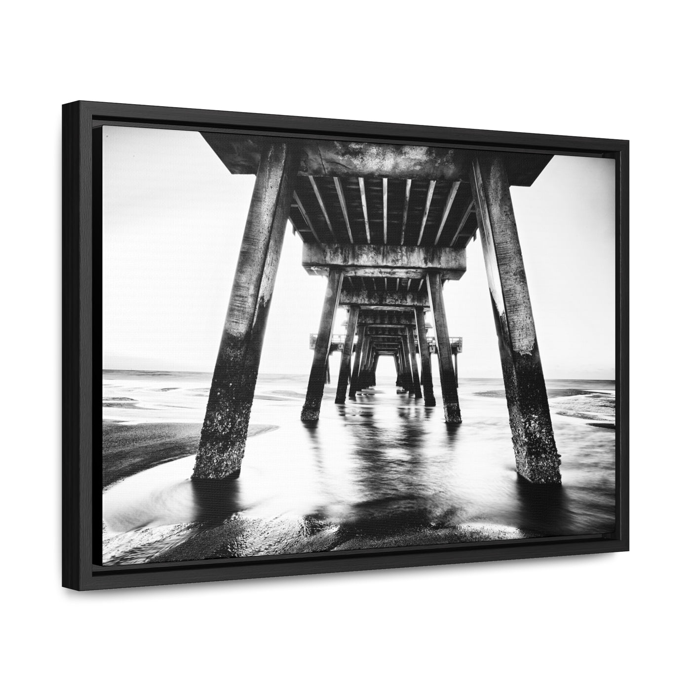 Black and White Beach Pier Framed Canvas Wall Art Print