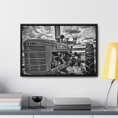 Black and White Tractor Framed Canvas Art Print