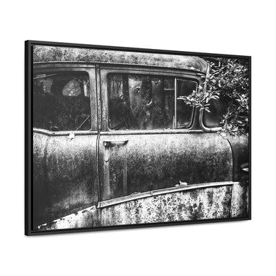 Old Car Black and White Framed Canvas Art Print