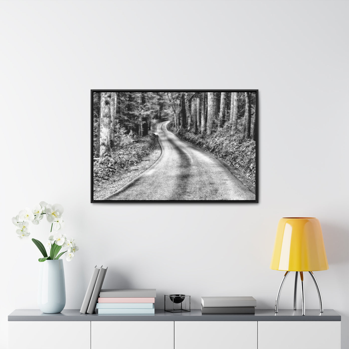 Black and White Mountain Road Framed Canvas Art Print