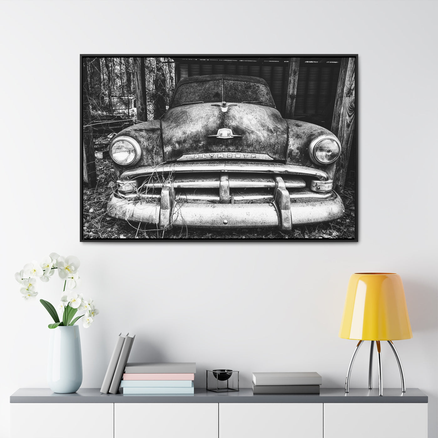 Old Antique Car Black and White Framed Canvas Art Print