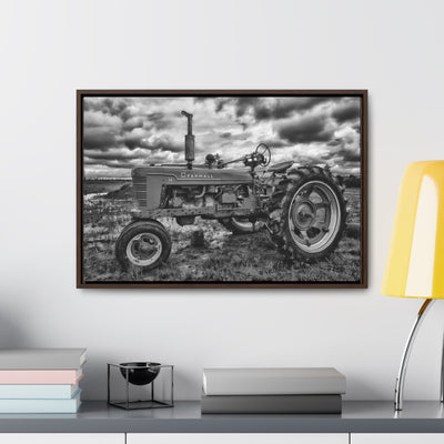 Black and White Tractor Framed Canvas Art Print