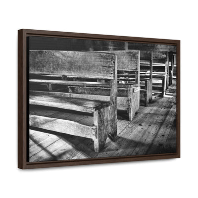 Black and White Church Pews Framed Canvas Art Print