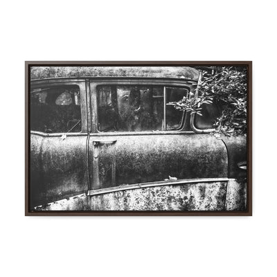 Old Car Black and White Framed Canvas Art Print