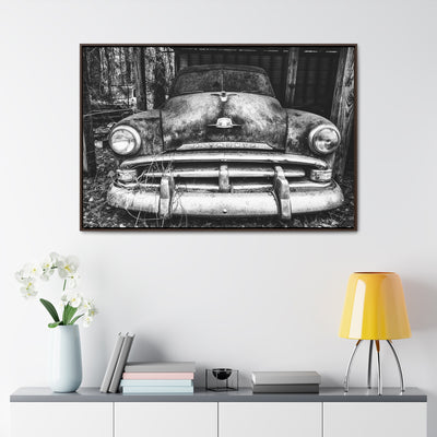 Old Antique Car Black and White Framed Canvas Art Print