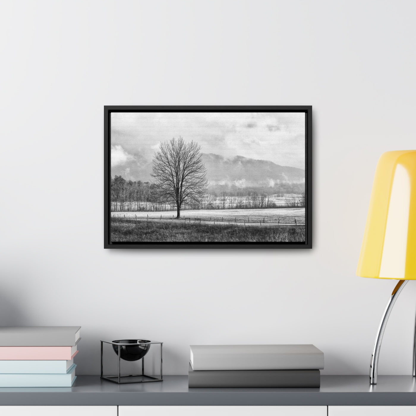 Black and White Tree and Country Road Framed Canvas Art Print