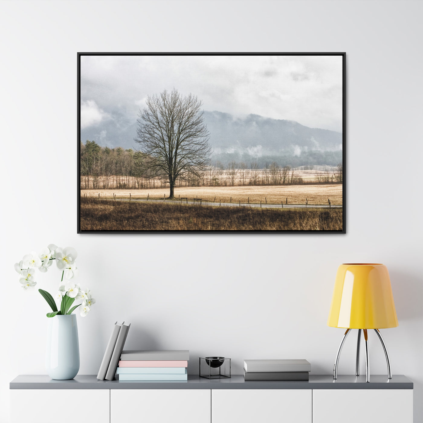 Winter Tree in a Field Framed Canvas Art Print