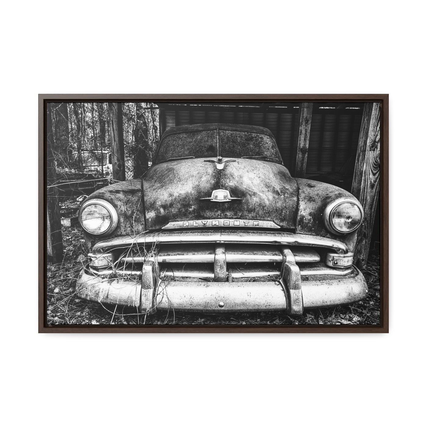 Old Antique Car Black and White Framed Canvas Art Print