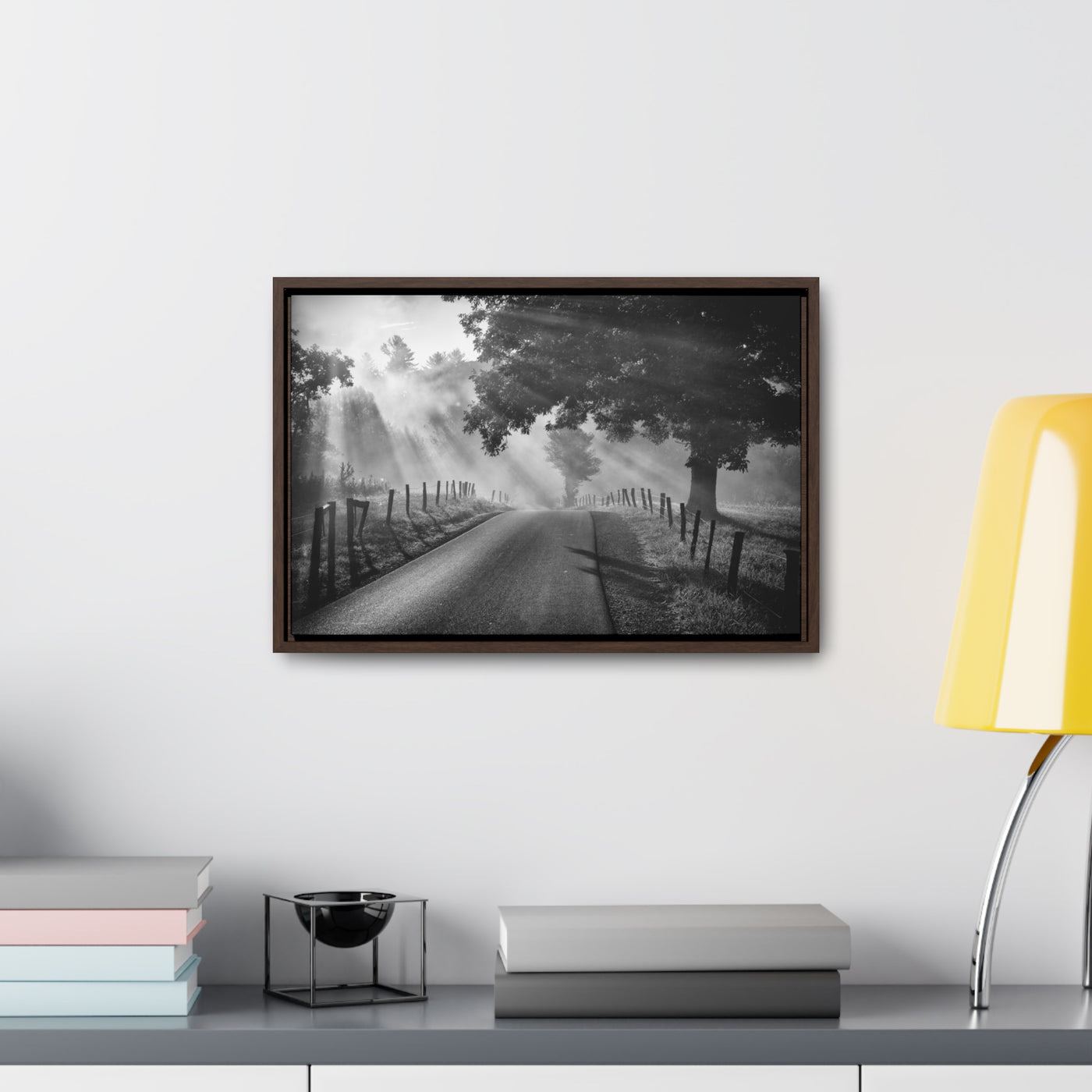 Old Country Road Black and White Framed Canvas Art