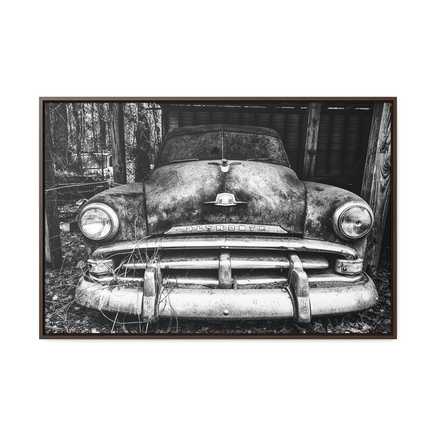 Old Antique Car Black and White Framed Canvas Art Print