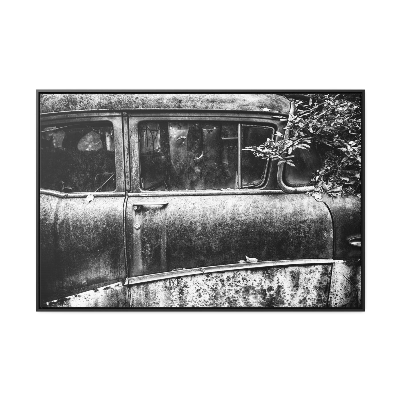 Old Car Black and White Framed Canvas Art Print