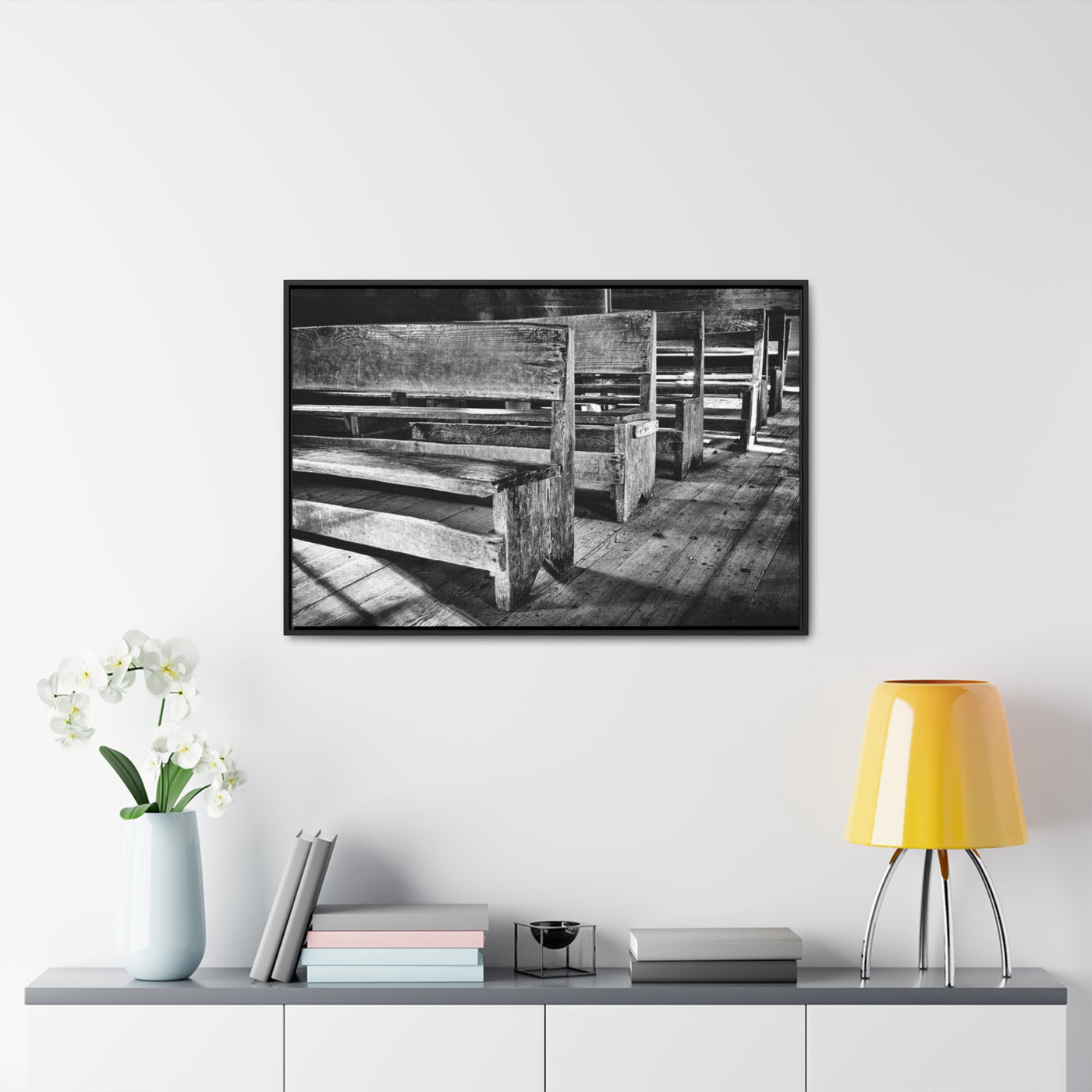 Black and White Church Pews Framed Canvas Art Print