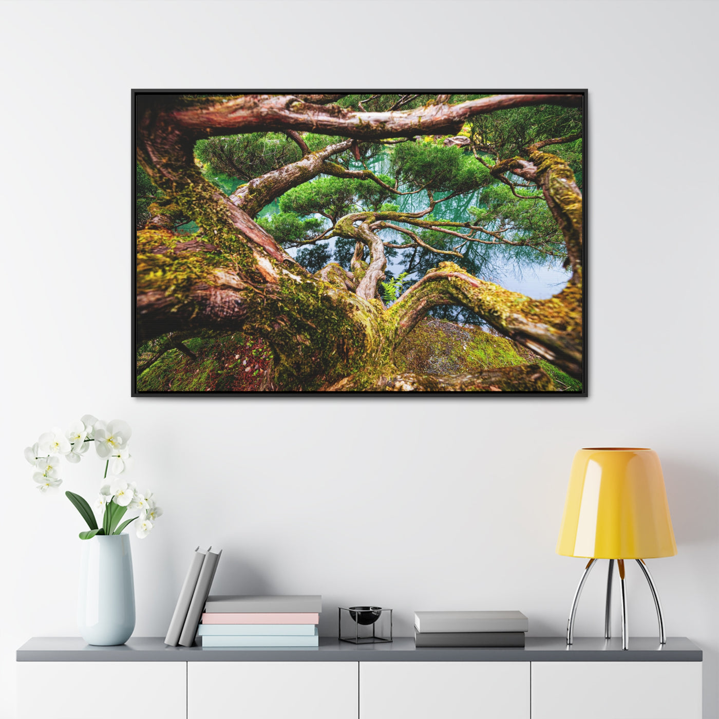 Tree by a Pond Rustic Farmhouse Decor Framed Canvas Art Print