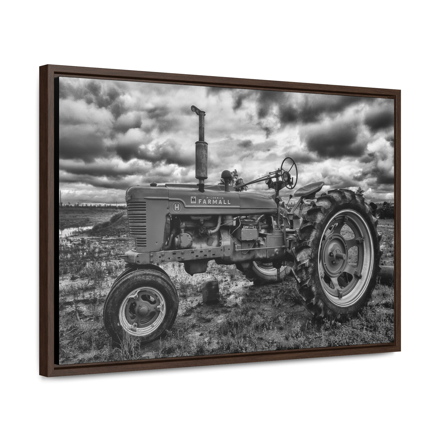 Black and White Tractor Framed Canvas Art Print