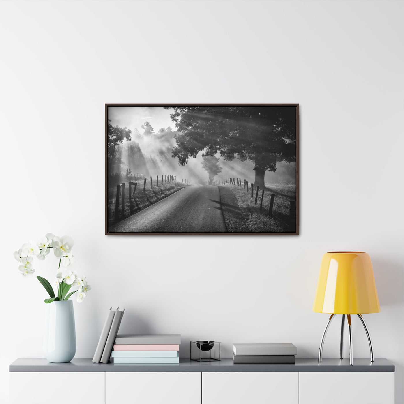 Old Country Road Black and White Framed Canvas Art