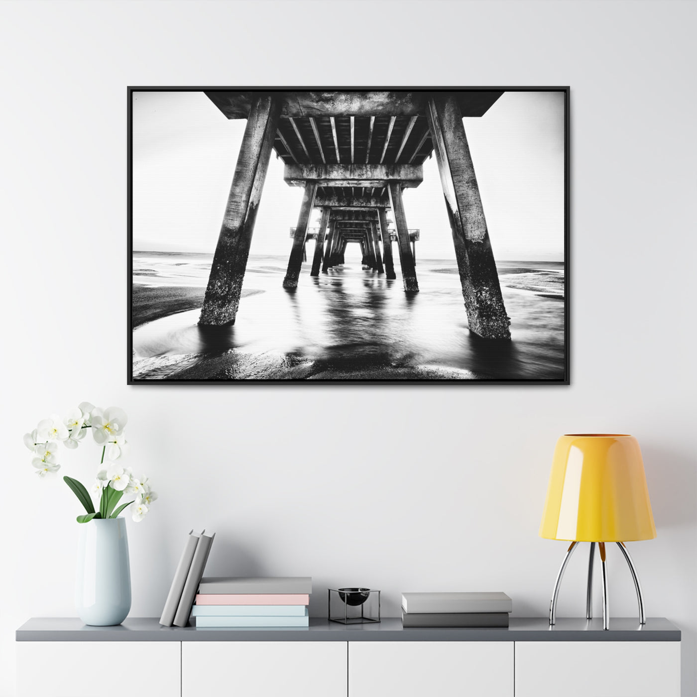 Black and White Beach Pier Framed Canvas Wall Art Print