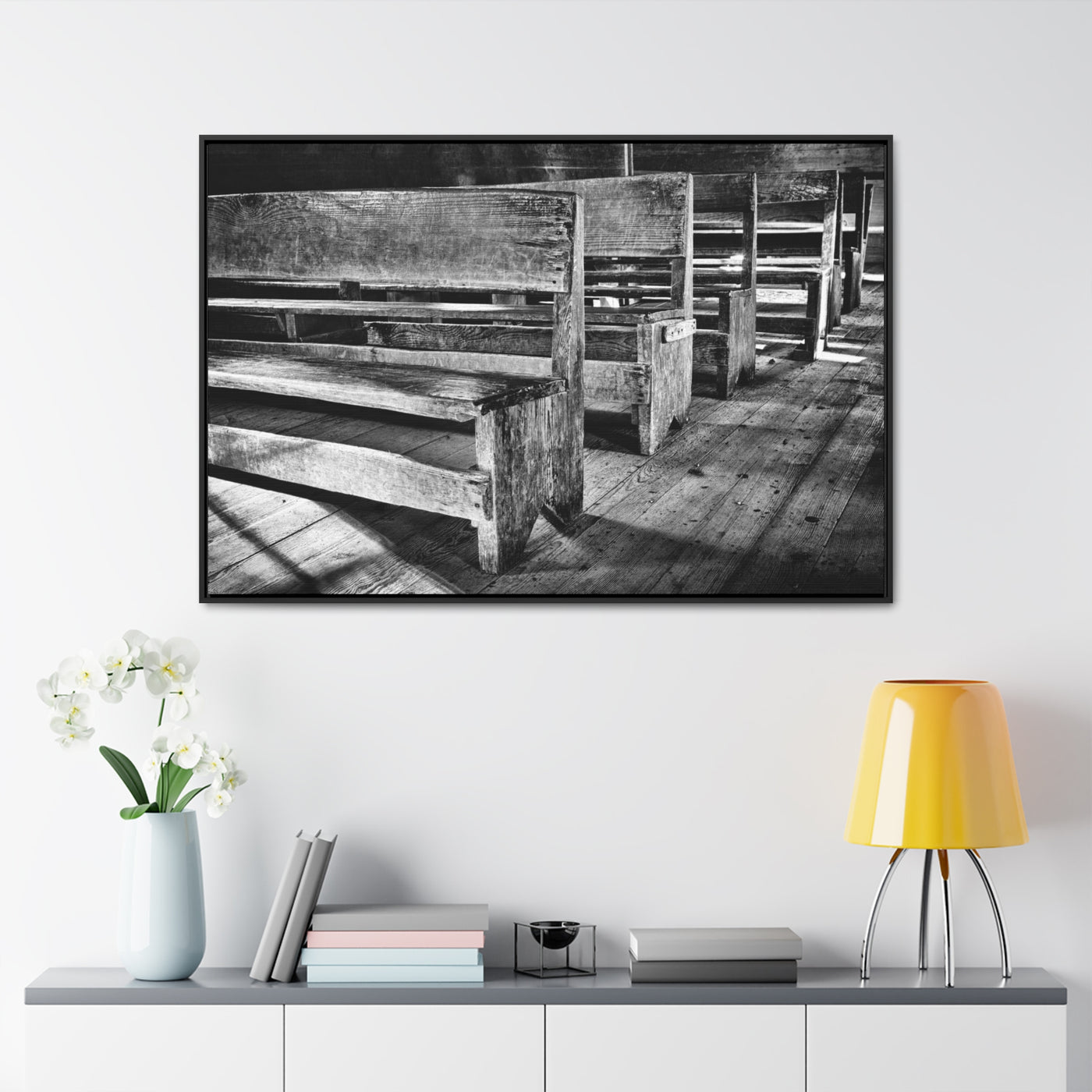 Black and White Church Pews Framed Canvas Art Print