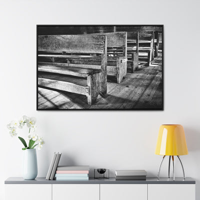 Black and White Church Pews Framed Canvas Art Print